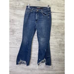 Please Jeans Womens M Blue Denim Flare Ankle Distressed Frayed Hem Made In Italy